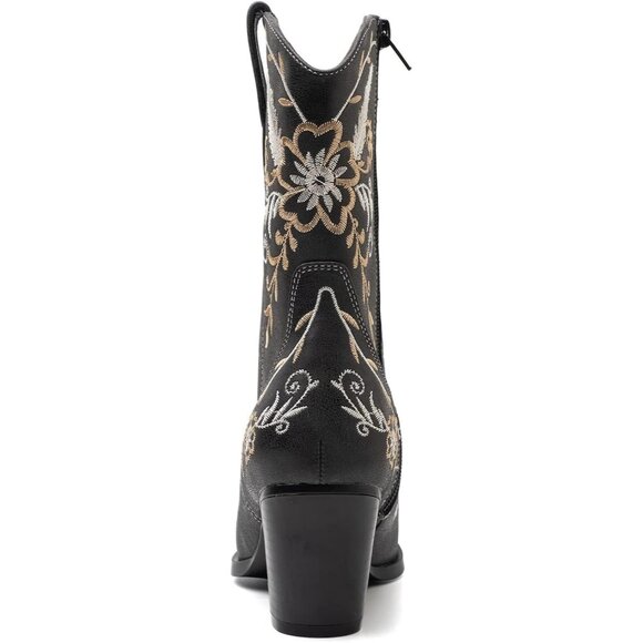 Anjoufemme Mid-calf Boot Black Polyurethane Embroidered Round-toe temperament - Picture 5 of 9